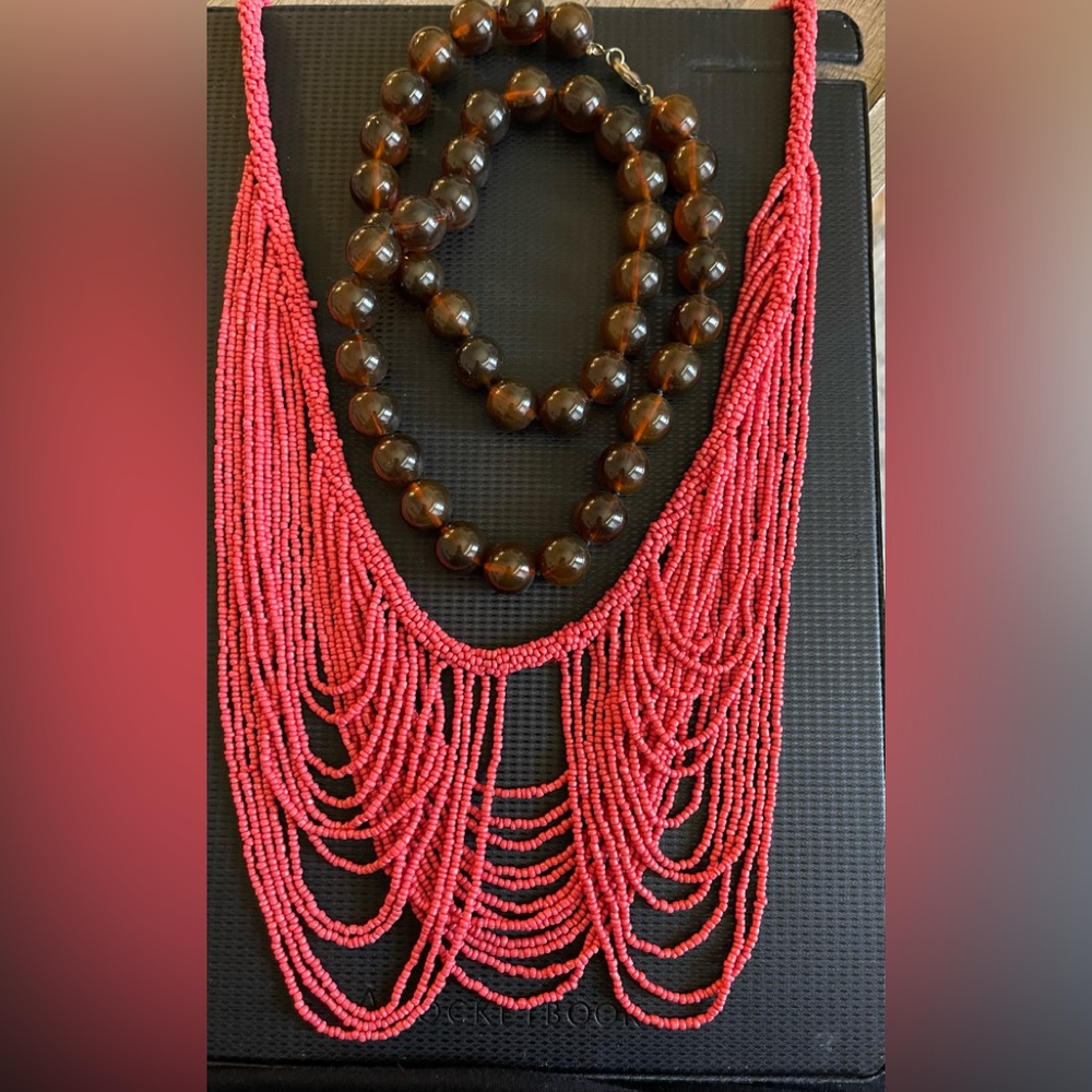 Choral waterfall necklace & brown bead necklace